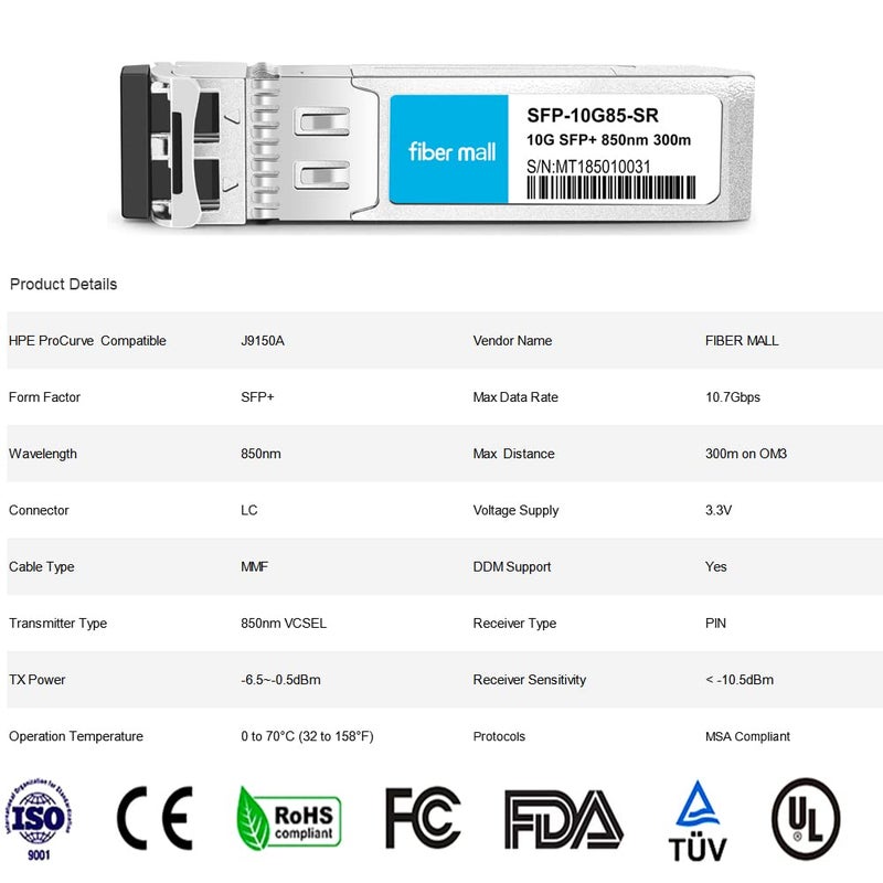 fiber mall SFP 10G SR for HPE ProCurve J9150A HPE Aruba J9150D J9150DCM JL748A 10GBASE-SR SFP+ 850nm 300m MMF DOM Transceiver Module - Image 5